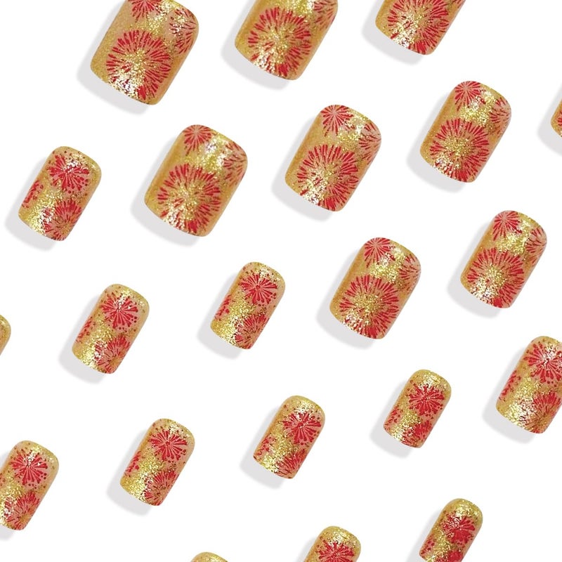 SHUXILIN Christmas Press on Nails Short Medium Square Fake Nails with Red Firework Gold Glitter Designs Full Cover False Nails Sparkling Glossy Acrylic Nails Stick on Nails for Women New Year Decor 24Pcs - Image 3